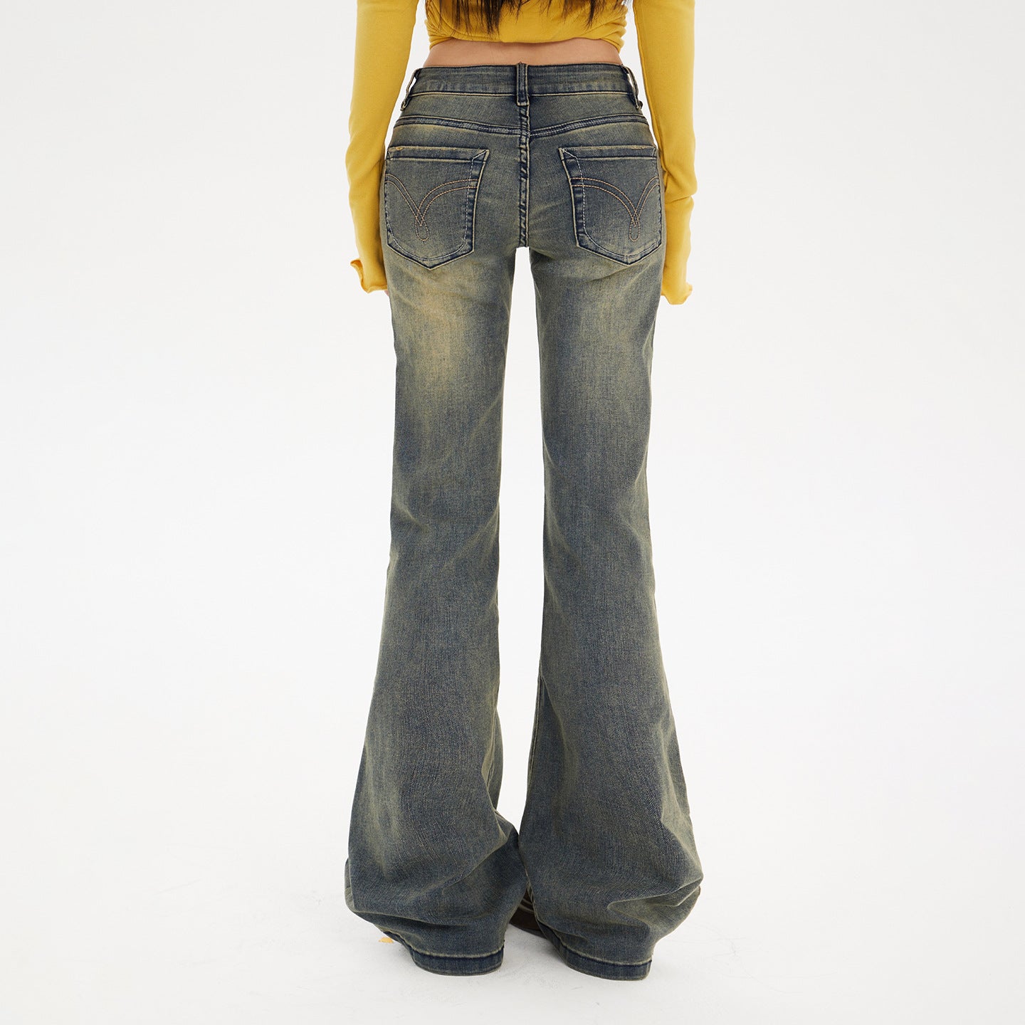 Flared Denim Pants for Women - Low Waist Slim Wide Leg Elastic Floor-Length Trousers