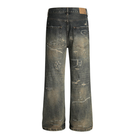Men's Heavy-Duty Distressed Denim Long Pants - Vintage Street Fashion Loose Straight Leg Trousers