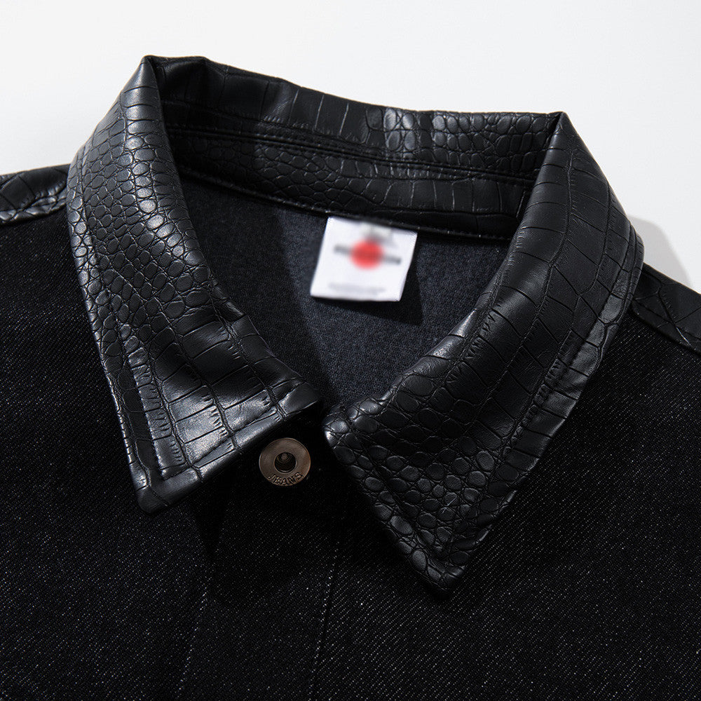 Black Color Block Denim Jacket — Loose Mid-Long Cotton Street Style