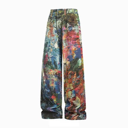 Washed Ink Splashed Oil Painting Color Palette Denim Pants
