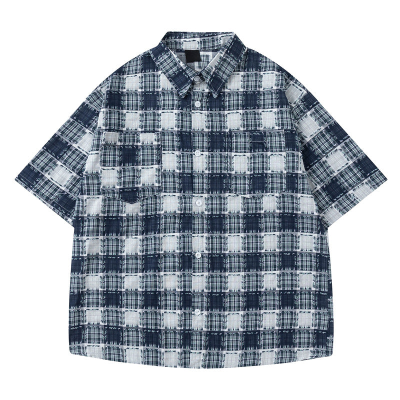 Blue Short Sleeve Plaid Shirt for Men - Casual, Frayed, Trendy