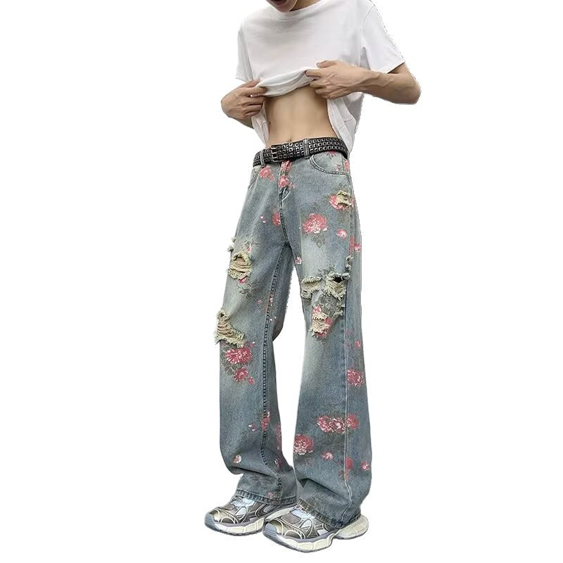 Thin Breathable Distressed Semi Elastic Waist Bending Knife Pants