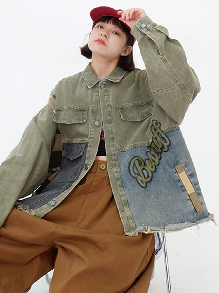 Irregular Patchwork Denim Coat for Women - Plaid Streetwear Oversized Jacket