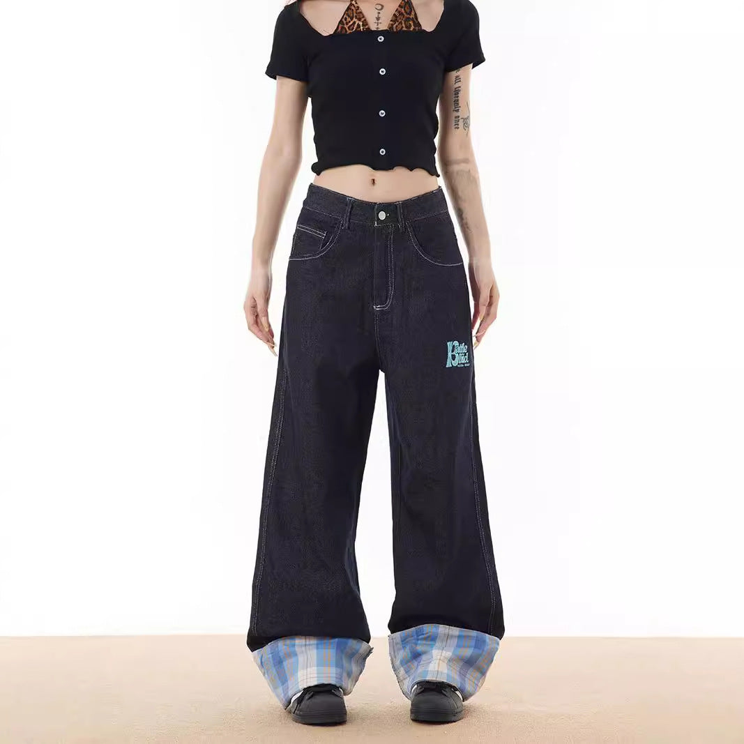 Checkered Patchwork Rolled Edge Jeans - Premium Japanese Denim