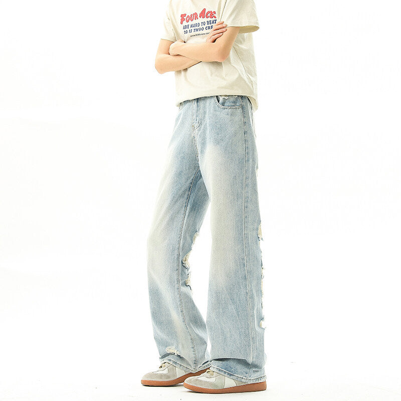 Retro Washed Hanging Straight Leg Jeans - Loose Light Blue Long Pants