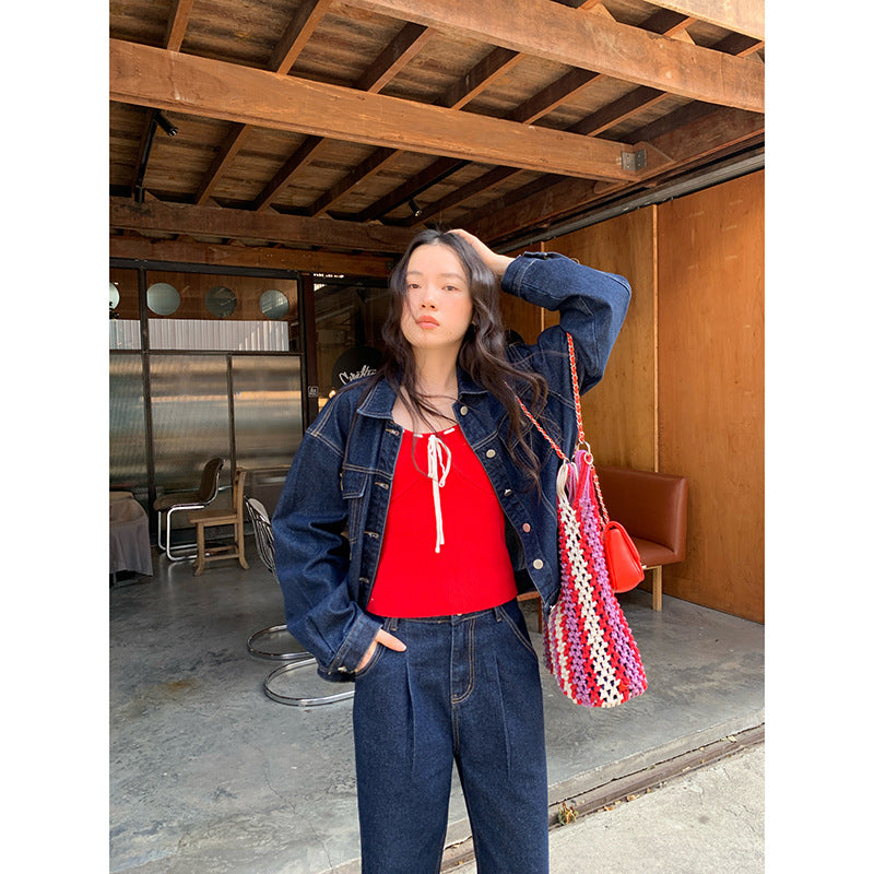 Vintage Hong Kong Style Single Breasted Denim Jacket for Women