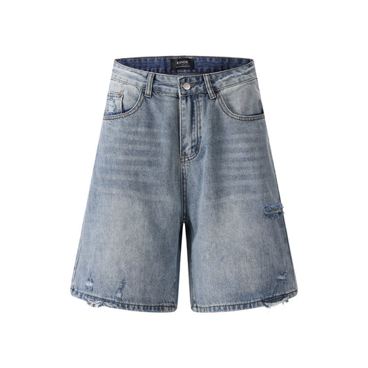 Men's Distressed Denim Shorts — Loose Fit Mid Waist Zipper Fly (Ripped Blue)