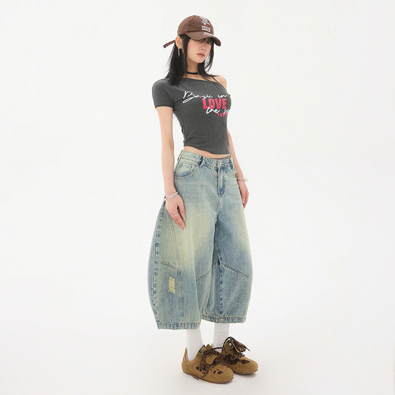 Women's Washed Baggy Hole Slant Leg Wide-Leg Three-Quarter Denim Pants for Couples