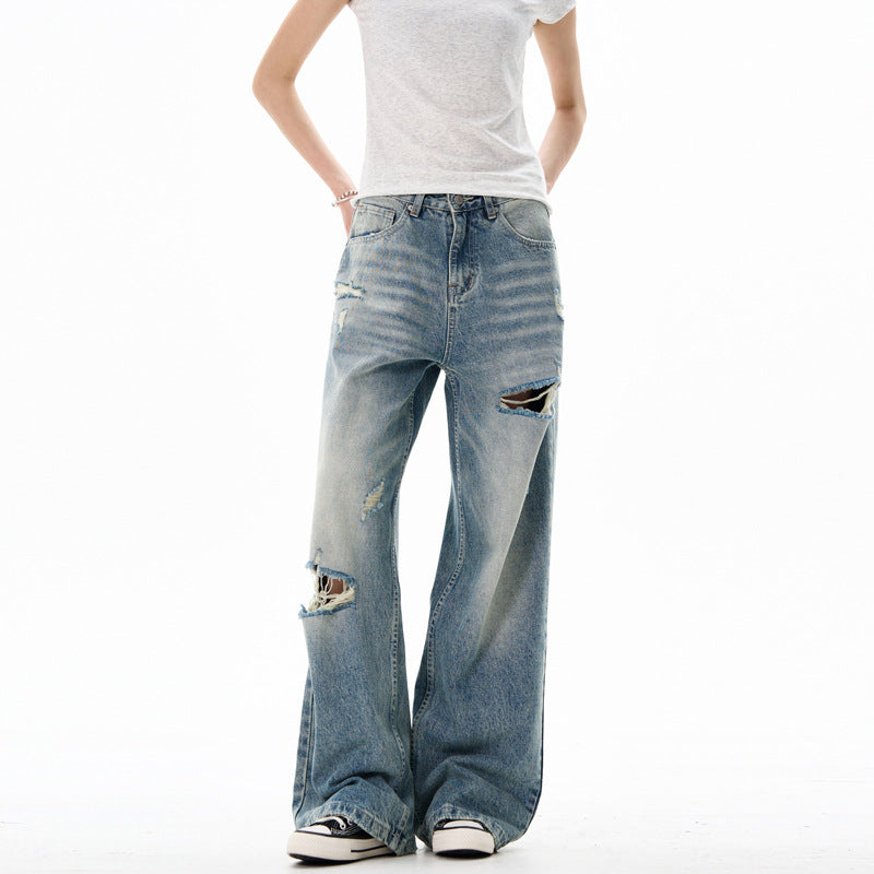 Loose Casual Ripped Straight Leg Wide Leg Pants
