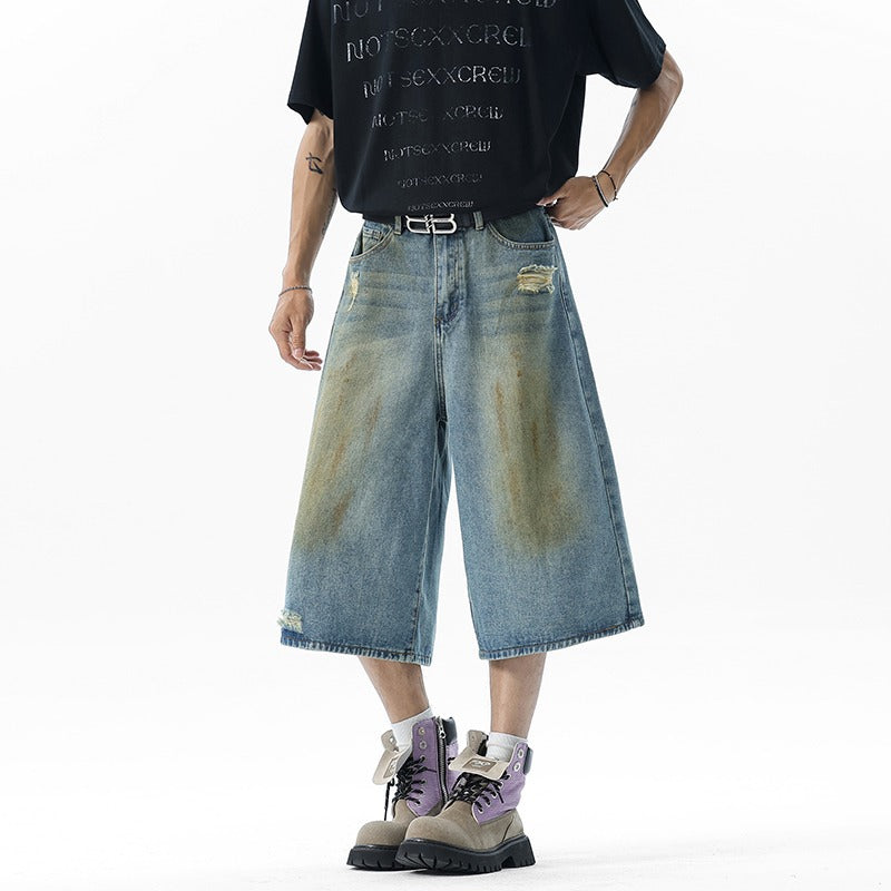 Vintage Wear and Tear Denim Shorts - 7 Inch Loose Wide Leg Pants