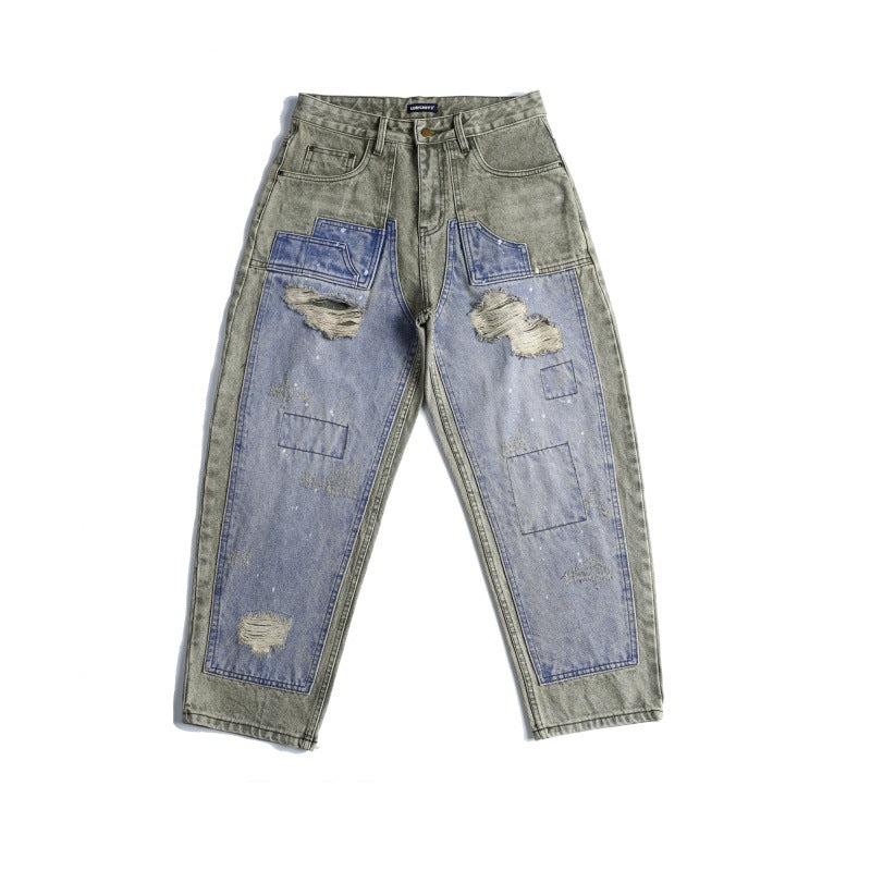 Washed Retro Contrasting Splicing Loose Tapered Pants
