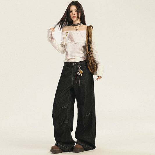 Casual Loose Wide-Leg Jeans for Women - Striped Blue Denim