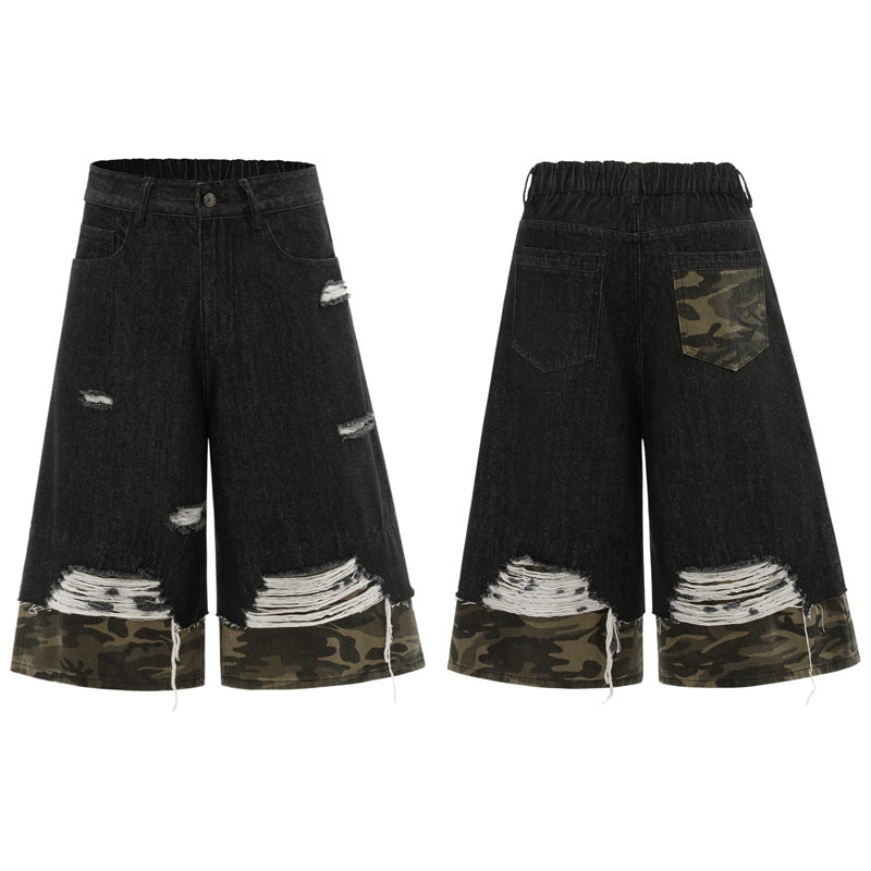 Unisex Oversized Distressed Camouflage Denim Three-Quarter Pants