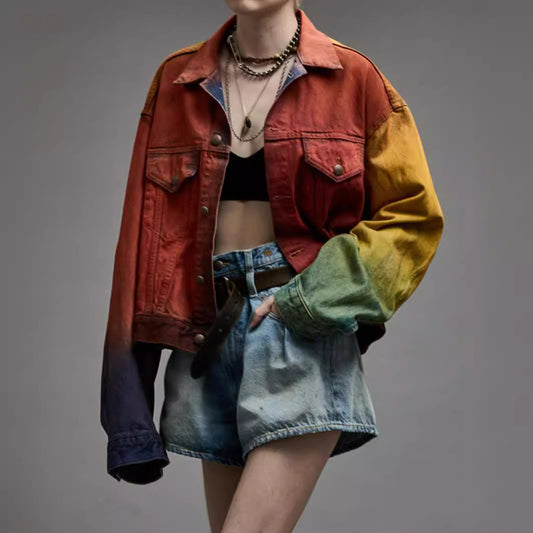 Wash and Spray Color Denim Jacket for Women