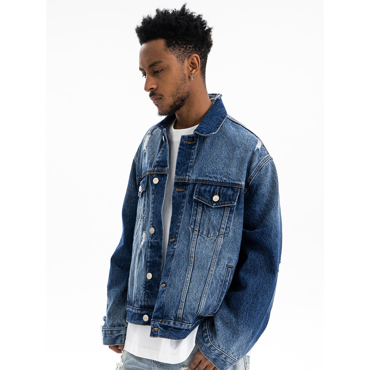 Washed Distressed Heavyweight Denim Jacket for Men