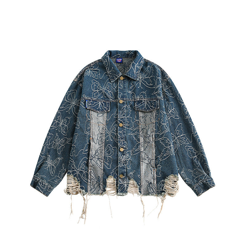 Butterfly Jacquard Denim Jacket Unisex Loose Fringe Outerwear