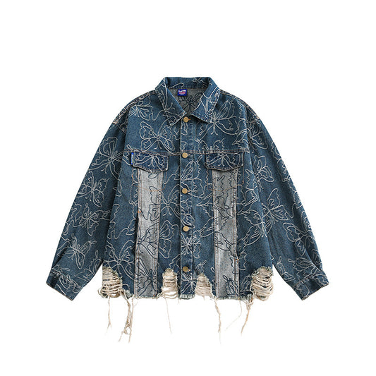Butterfly Jacquard Denim Jacket Unisex Loose Fringe Outerwear