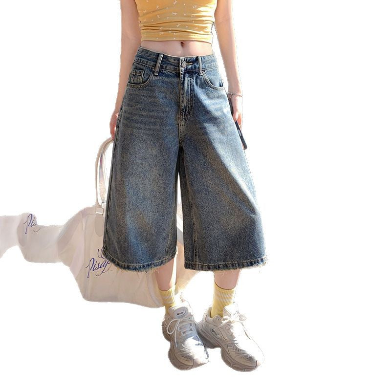 Women's Denim Shorts Straight Leg A-Line Mid-Waist Frayed Cutoffs