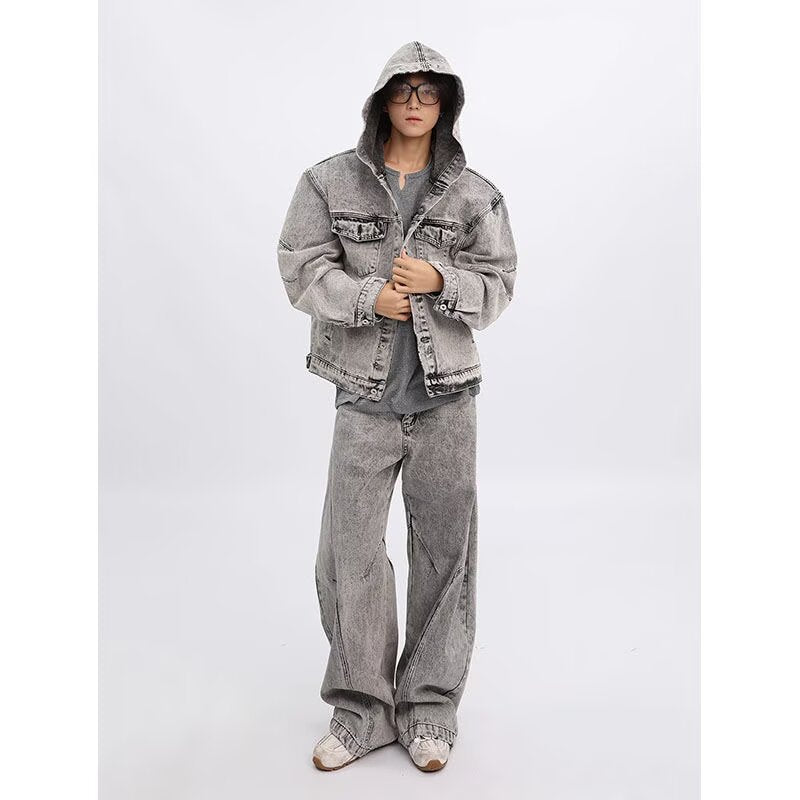 Washed Distressed Deconstructed Hooded Denim Jacket for Teens