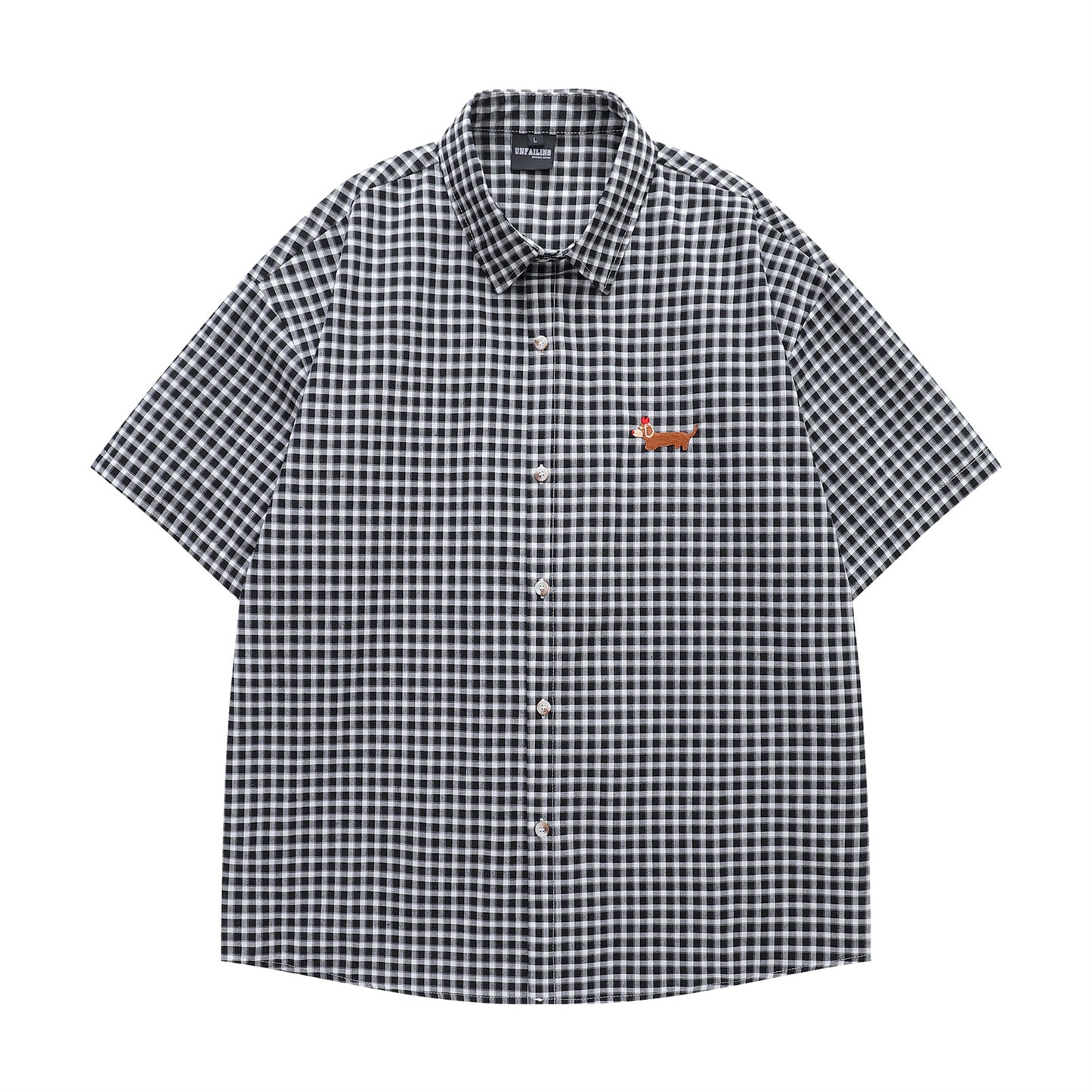 Retro Sausage Dog Embroidered Plaid Short Sleeve Shirt for Men and Women