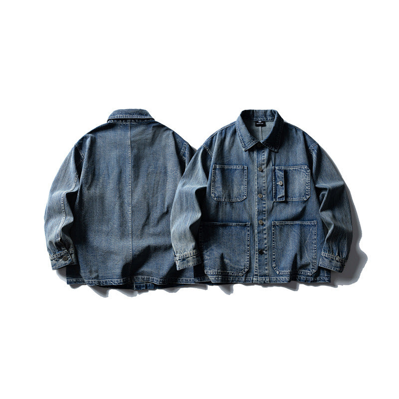 Washed Old Multi-Pocket Workwear Denim Jacket for Men