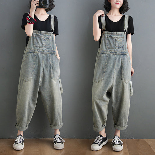 Vintage Women's Denim Jumpsuit with Pockets, Loose Fit, Retro Style, Spaghetti Straps, Ankle-Length