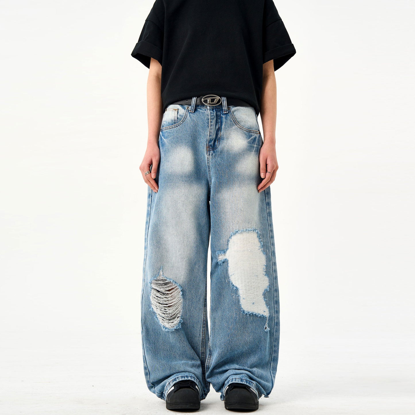 Retro Washed Light Blue Ripped Jeans for Men and Women