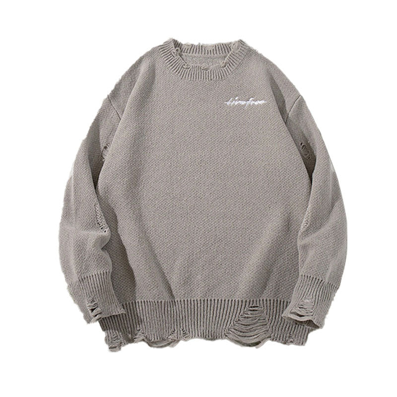 Vintage Distressed Sweater Loose Round Neck Top Couple Long Sleeve Knitwear Jacket