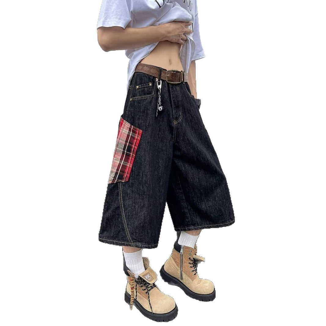 Retro Large Pocket Plaid Patchwork Denim Cropped Pants for Men