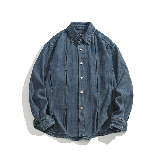 Pleated Denim Collar Long Sleeved Shirt