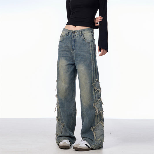 Star Sticker Wide Leg Denim Floor Pants for Men