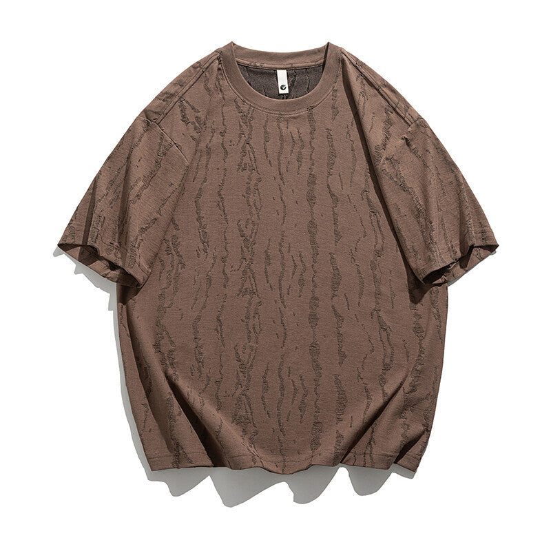 Vintage Textured Small Neckline Design Loose Short Sleeved T-Shirt for Men