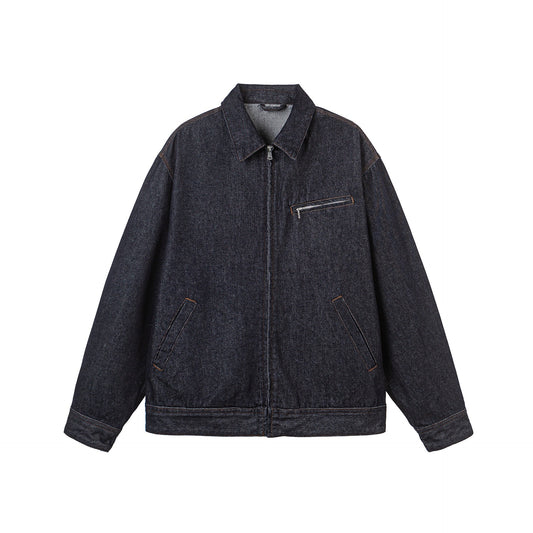 Turn-Down Collar Denim Jacket for Men Loose Workwear Style Jacket