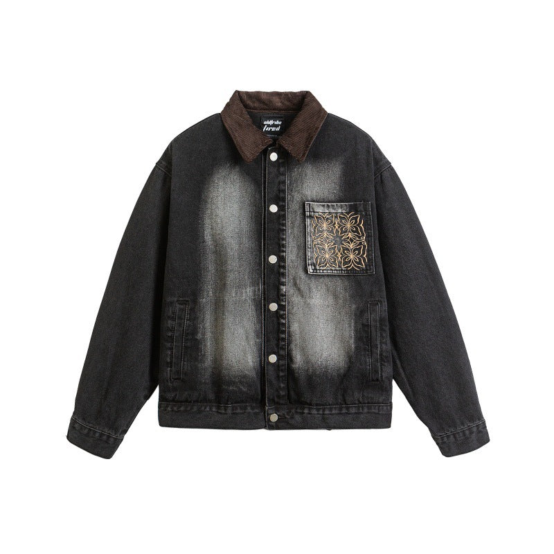 Patchwork Embroidered Washed Distressed Collar Denim Jacket
