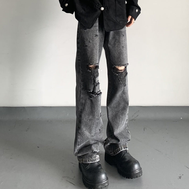Water-Washed Black and Gray Unisex Distressed Denim Pants