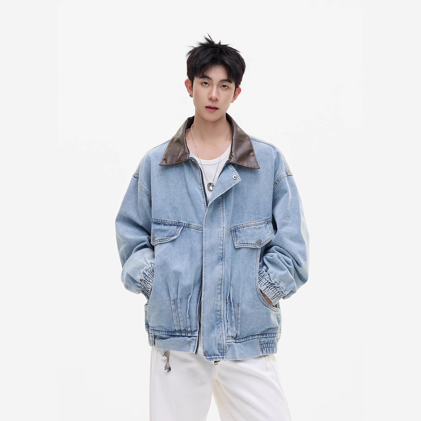 Washed Distressed Patchwork Leather Collar Denim Jacket Men