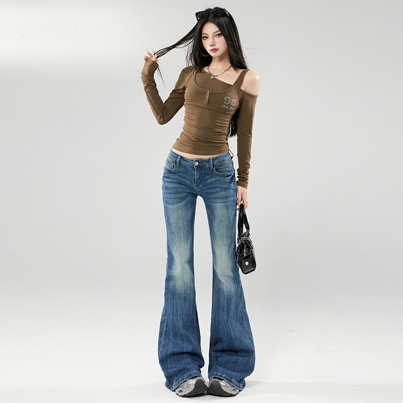 Women's Vintage Blue Low Waist Hip-Lifting Trumpet Pants