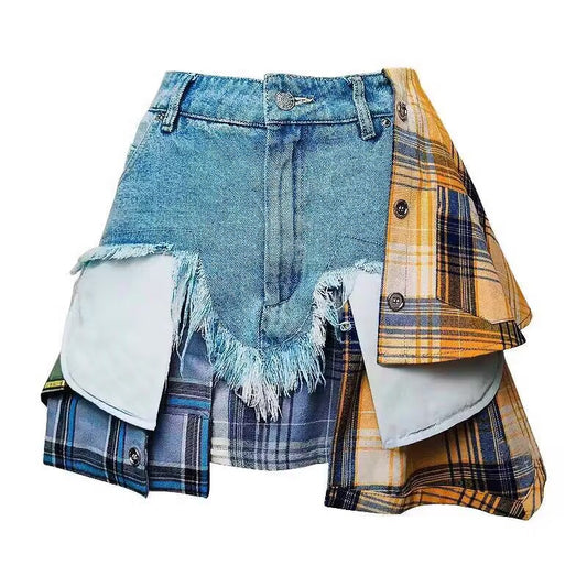 Women's Summer Denim Skirt - Irregular Plaid High Waisted Short Skirt