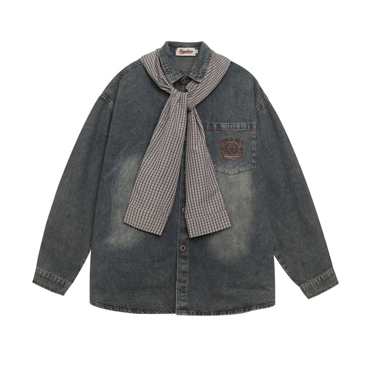 Washed Hooded Unique Design Long Sleeve Denim Shirt