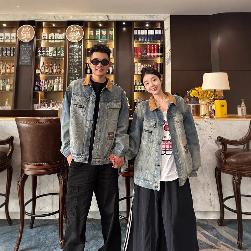 Casual Vintage Stitched Denim Jacket with Flip Collar for Men and Women