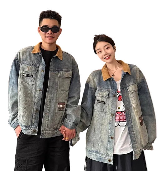 Casual Vintage Stitched Denim Jacket with Flip Collar