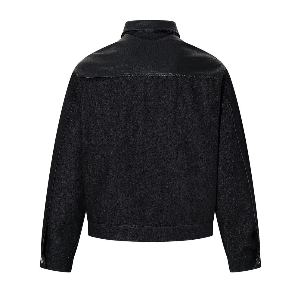 Black Color Block Denim Jacket — Loose Mid-Long Cotton Street Style