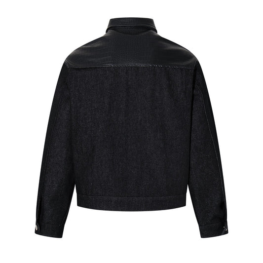 Black Color Block Denim Jacket — Loose Mid-Long Cotton Street Style
