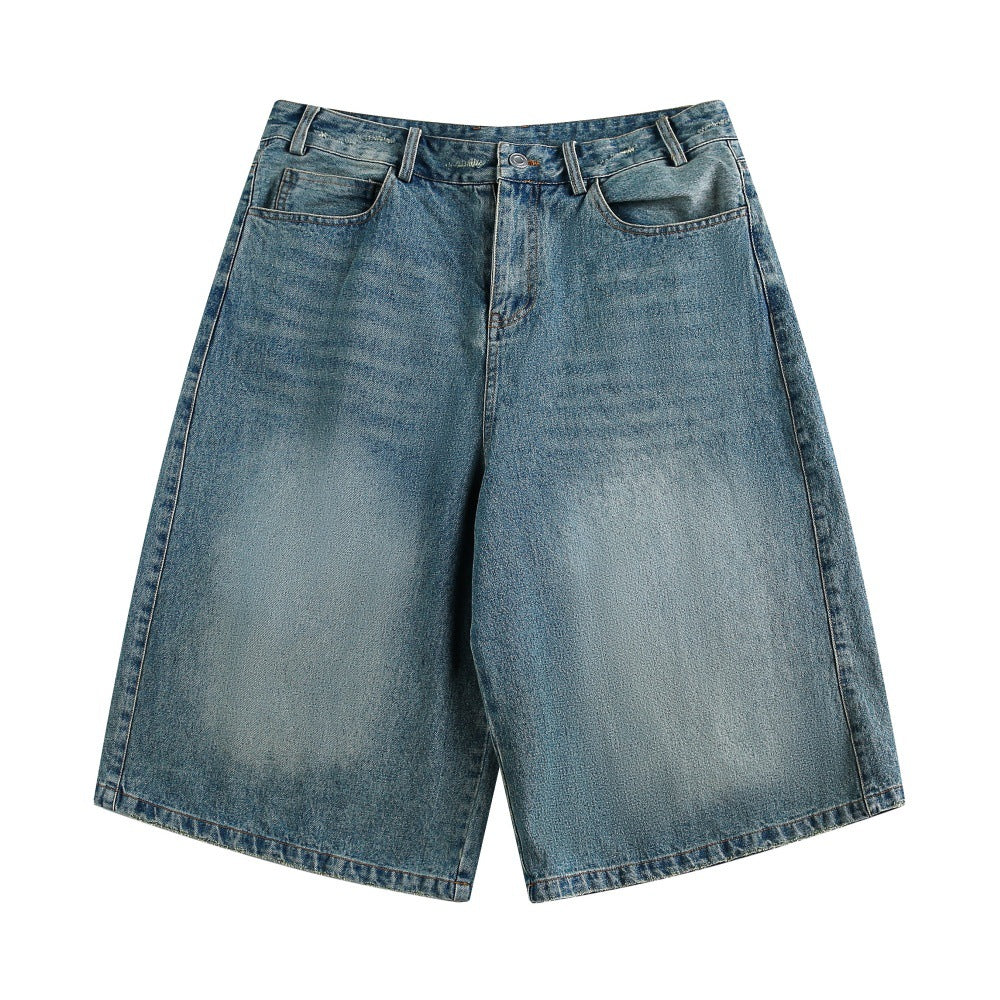 Men's Distressed Wide-Leg Denim Shorts with Frayed Hem