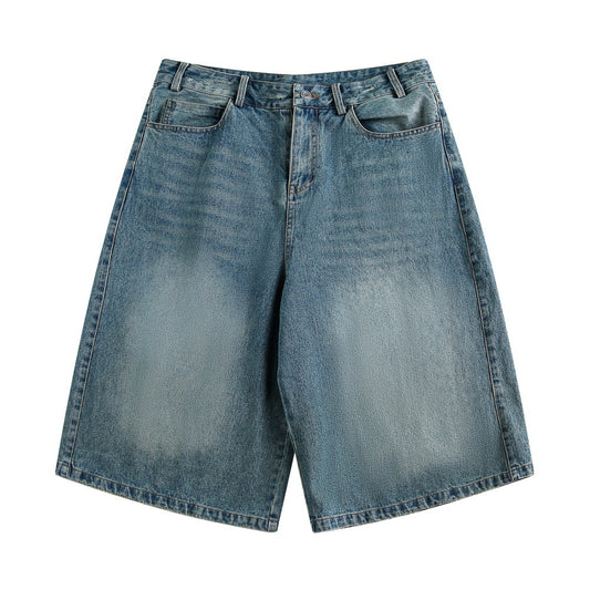 Men's Distressed Wide-Leg Denim Shorts with Frayed Hem