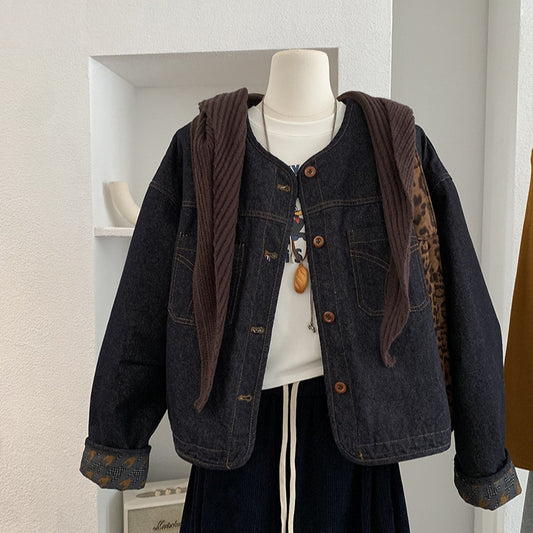 Cotton-Lined Round Neck Single-Breasted Long Sleeve Denim Jacket with Knit Shawl Two-Piece Set for Women