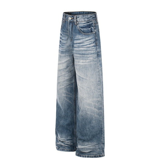 Gradient Washed Denim Pants — Straight Leg Mid Rise