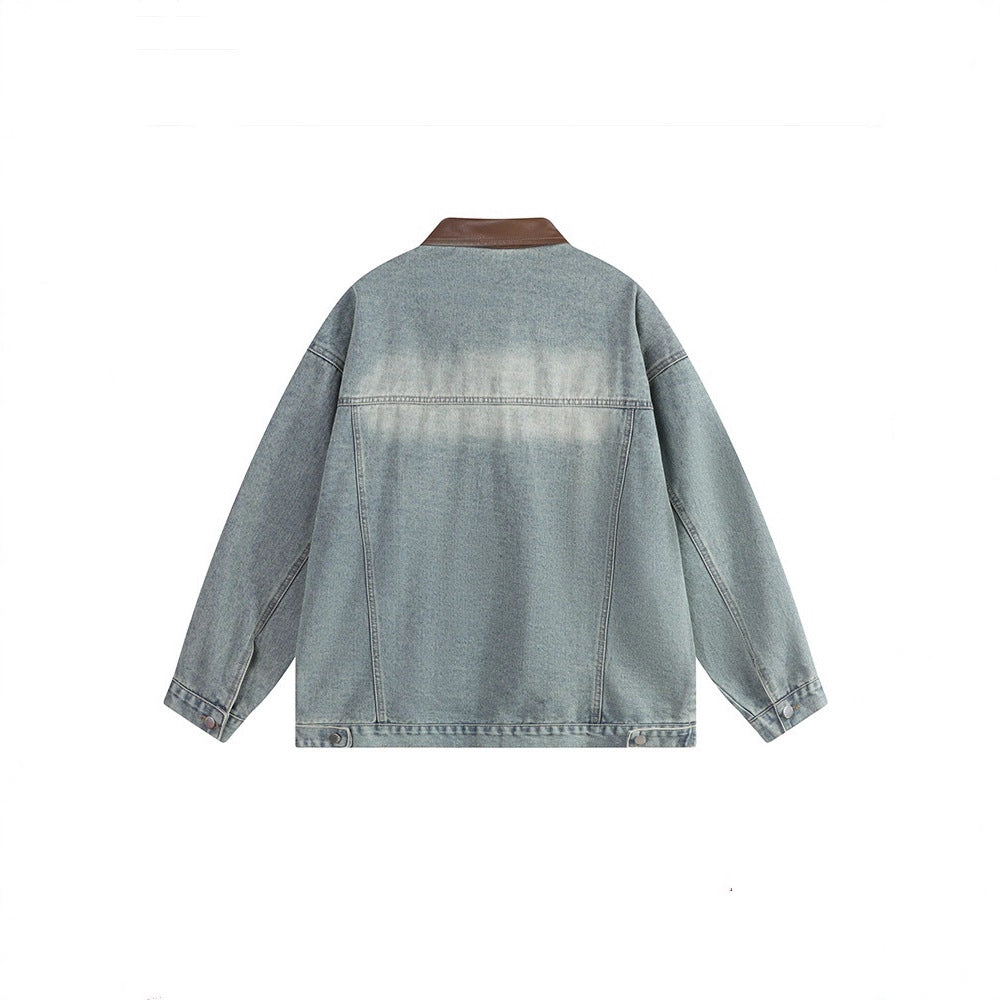 Vintage Leather Collar Denim Jacket Loose Workwear Jacket