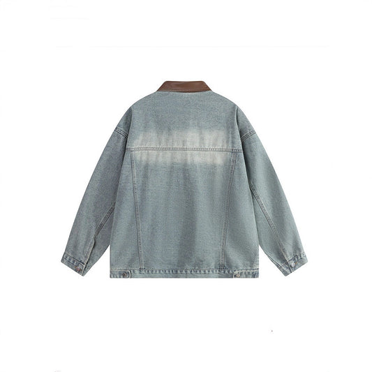 Vintage Leather Collar Denim Jacket Loose Workwear Jacket