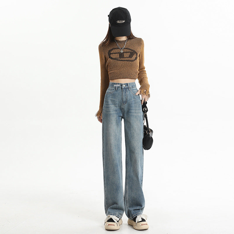 Women's High-Waist Washed Vintage Cement Grey Straight Pants